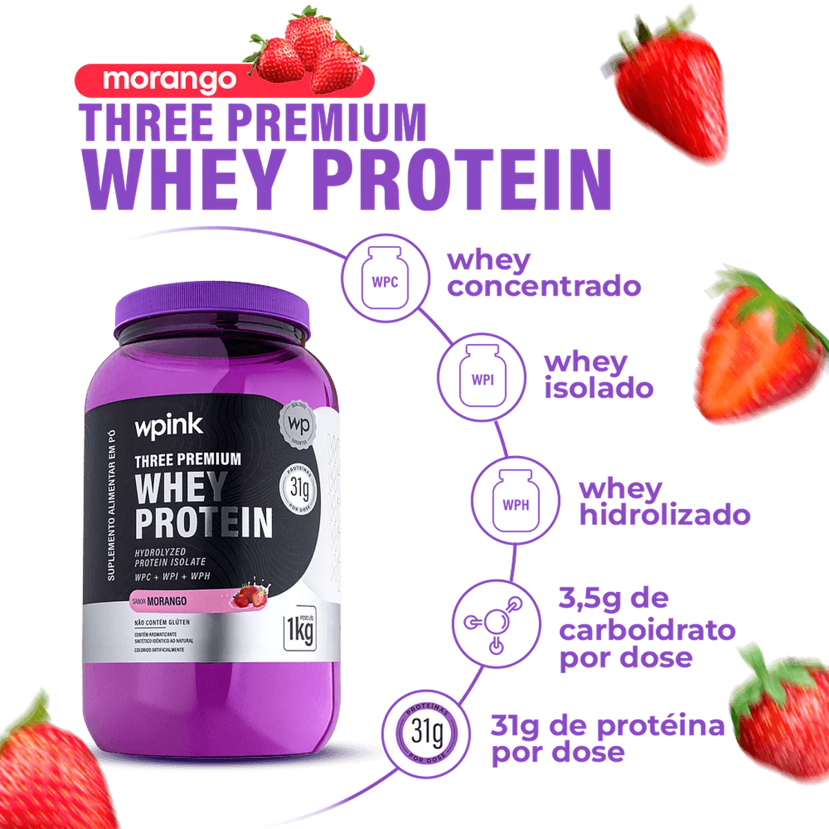 Three Premium Whey Protein Morango 3W - (1kg)